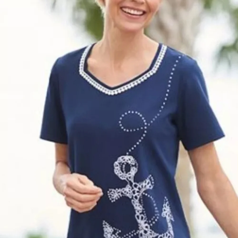 Alfred Dunner Size PS Navy Anchors Away Short Sleeve Top $22 - Picture 4 of 7
